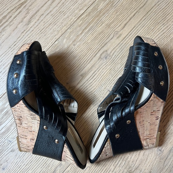 INC black wedge size 9.5 with wicker bottom and gold hardware - Picture 3 of 5